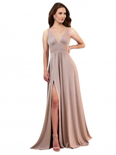 Affordable Long A-Line Plunge V-Neckline Formal Spandex Bridesmaid Dress / Prom Dress with Slit UK