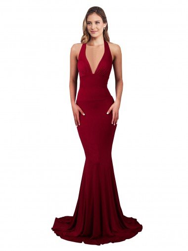 Affordable Halter Mermaid Plunge V-Neckline Open Back Bow Tie Formal Spandex Bridesmaid Dress / Prom Dress UK