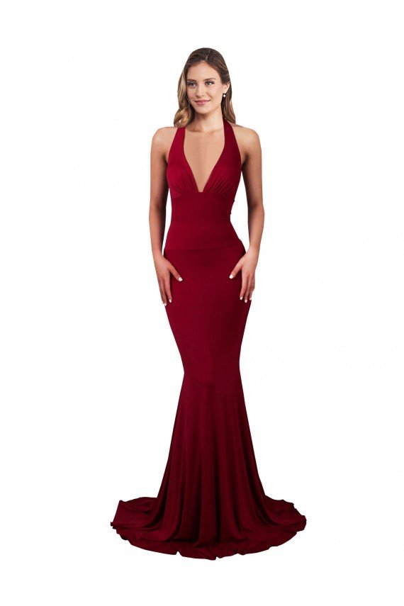 Affordable Halter Mermaid Plunge V-Neckline Open Back Bow Tie Formal Spandex Bridesmaid Dress / Prom Dress UK