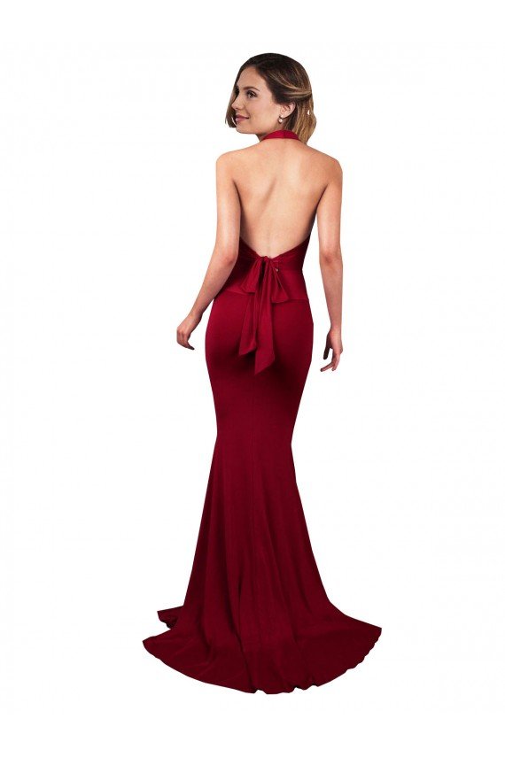 Affordable Halter Mermaid Plunge V-Neckline Open Back Bow Tie Formal Spandex Bridesmaid Dress / Prom Dress UK