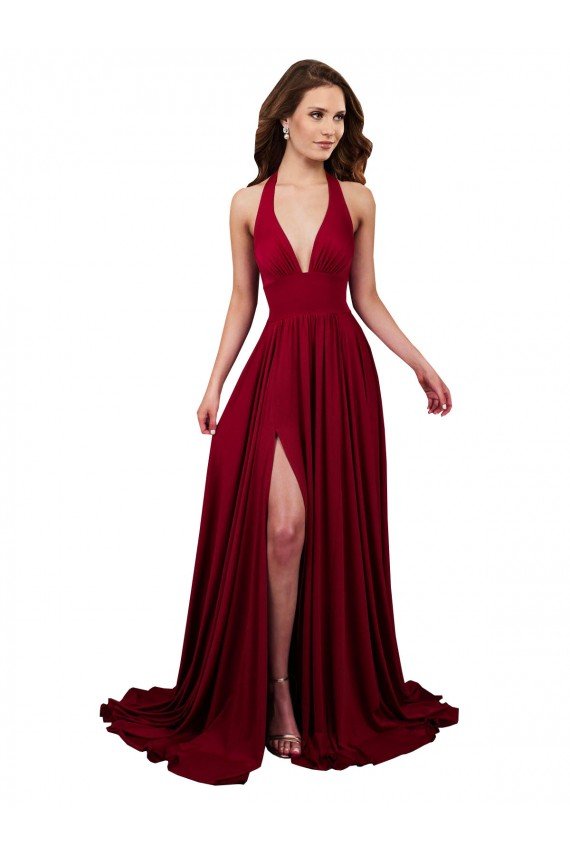 Affordable A-Line Halter Plunge V-Neckline Open Back Formal Spandex Bridesmaid Dress / Prom Dress with Slit UK