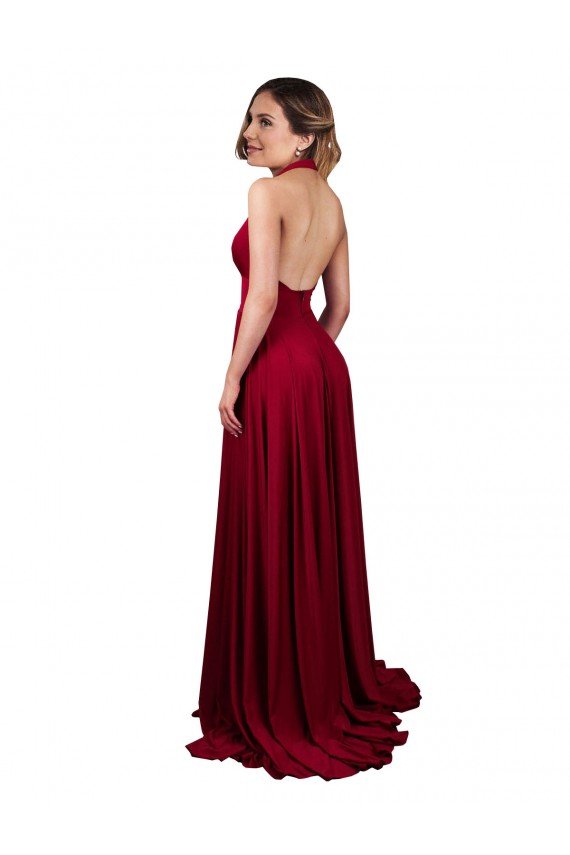 Affordable A-Line Halter Plunge V-Neckline Open Back Formal Spandex Bridesmaid Dress / Prom Dress with Slit UK