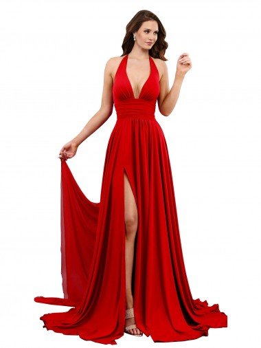 Affordable High Slit A-Line Halter Long Formal Spandex Bridesmaid Dress / Prom Dress Open Back UK