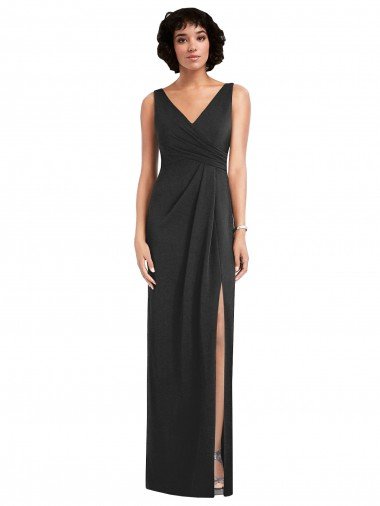 Affordable Draped Wrap Formal Maxi Spandex Bridesmaid Dress / Prom Dress with Front Slit UK