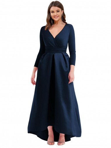 Affordable Long Sleeves Wrapped Formal Spandex Bridesmaid Dress / Prom Dress with High Low Full Skirt and Pockets UK