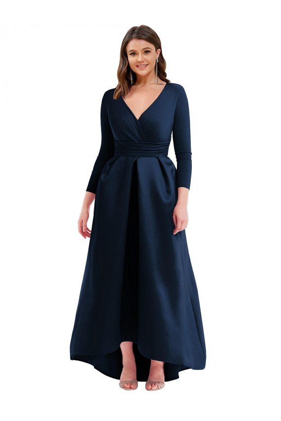 Affordable Long Sleeves Wrapped Formal Spandex Bridesmaid Dress / Prom Dress with High Low Full Skirt and Pockets UK