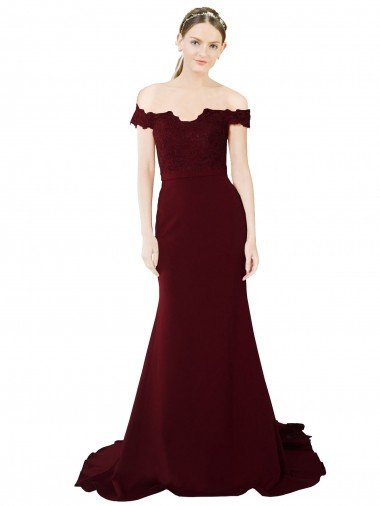 Affordable Full Length Off the Shoulder Formal Crepe Bridesmaid Dress / Prom Dress with Lace On Bodice and Back UK