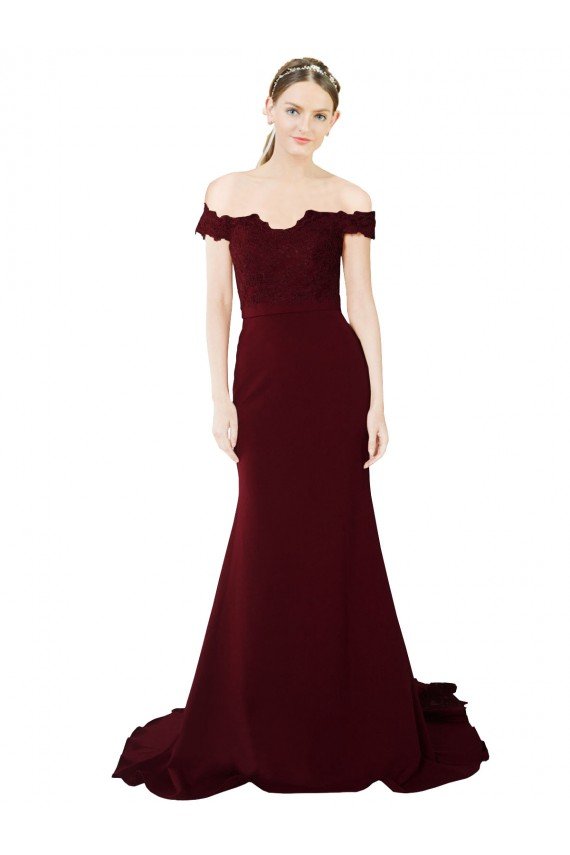 Affordable Full Length Off the Shoulder Formal Crepe Bridesmaid Dress / Prom Dress with Lace On Bodice and Back UK