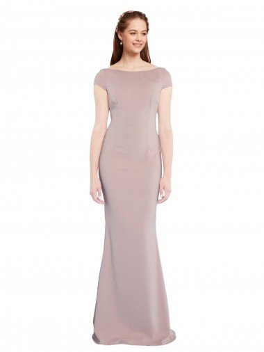 Affordable Boat Neck Cap Sleeve Formal Crepe Bridesmaid Dress / Prom Dress with Plunging Tie Back UK