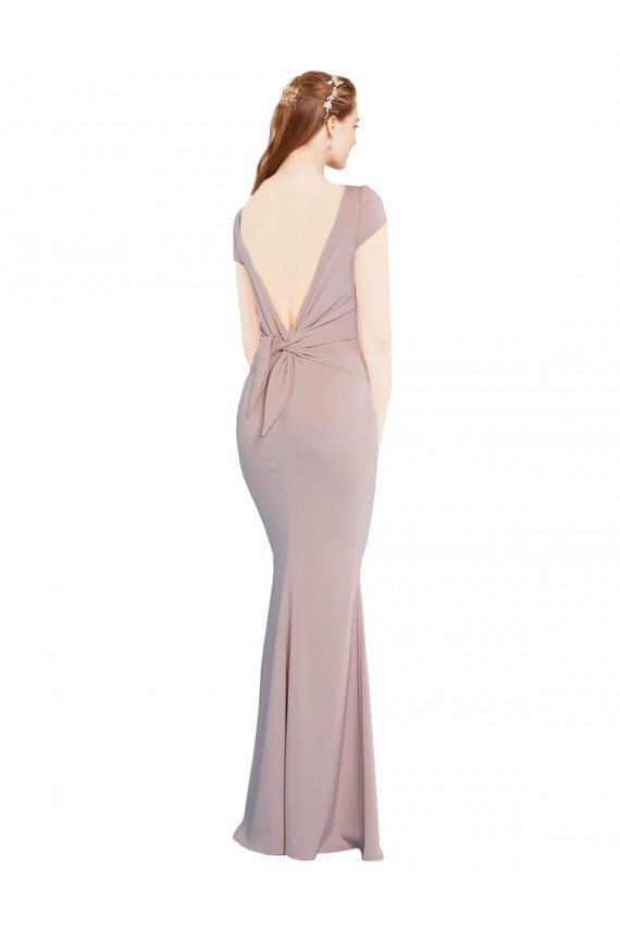 Affordable Boat Neck Cap Sleeve Formal Crepe Bridesmaid Dress / Prom Dress with Plunging Tie Back UK