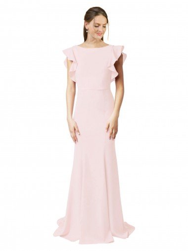 Affordable Low V-Back Long Mermaid Crepe Bridesmaid Dress / Prom Dress with Ruffled Sleeves UK