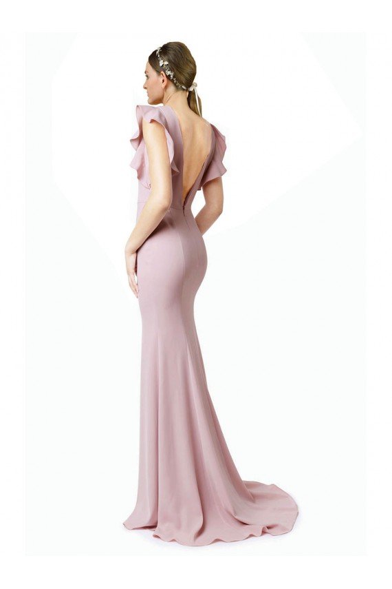 Affordable Low V-Back Long Mermaid Crepe Bridesmaid Dress / Prom Dress with Ruffled Sleeves UK