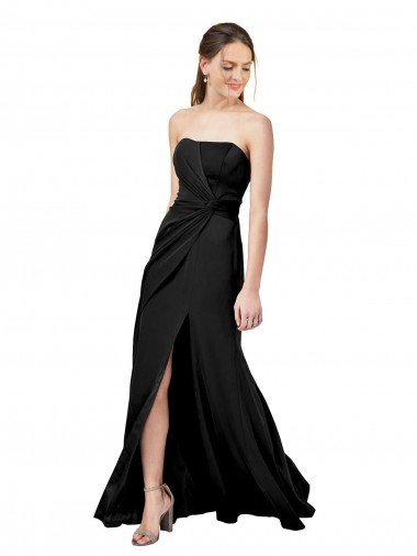 Affordable Strapless Fit and Flare Long Formal Crepe Bridesmaid Dress / Prom Dress with Knot and Slit UK