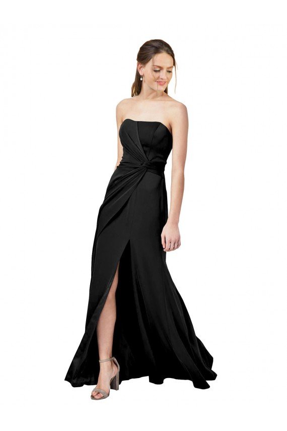 Affordable Strapless Fit and Flare Long Formal Crepe Bridesmaid Dress / Prom Dress with Knot and Slit UK