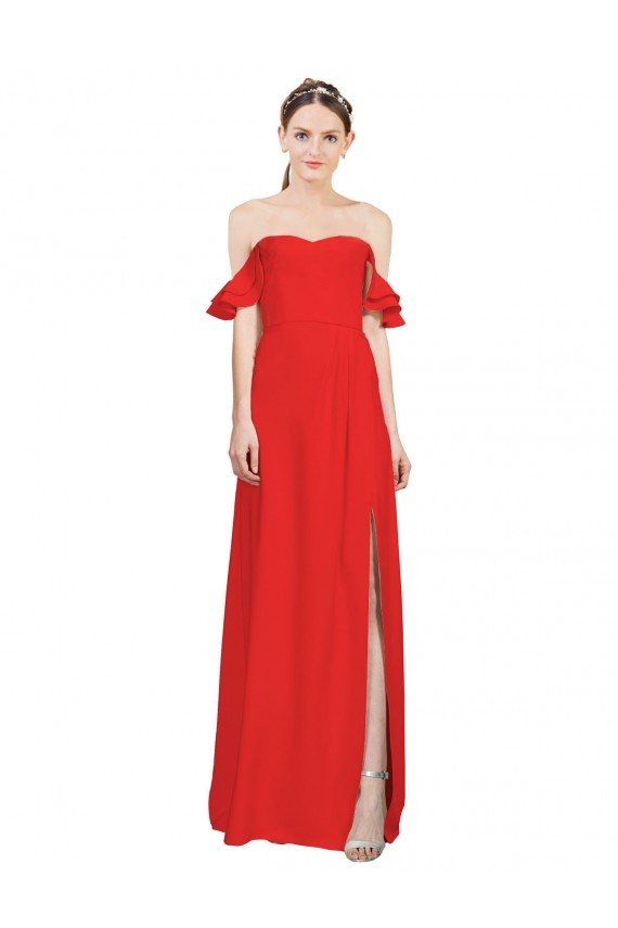 Affordable Double Ruffle Flounce Sleeves Formal Crepe Bridesmaid Dress / Prom Dress with Slit UK