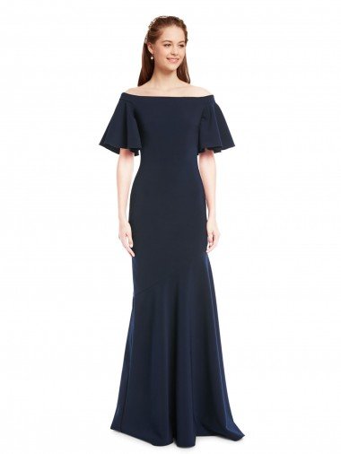 Affordable Off the Shoulder Formal Crepe Bridesmaid Dress / Prom Dress with Short Ruffle Sleeves. UK