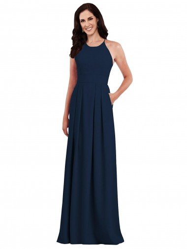 Affordable Criss Cross Back Crepe Halter Bridesmaid Dress with Pockets UK