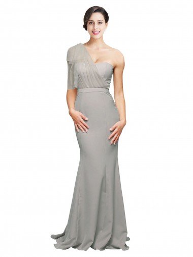 Affordable Long Sweep Train Sweetheart Formal Crepe Bridesmaid Dress / Prom Dress with Tulle One Shoulder UK