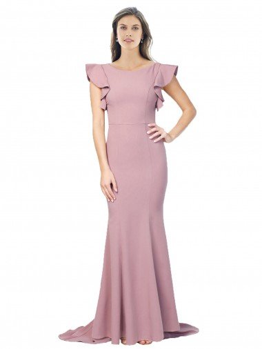 Affordable Flutter Sleeves Low V-Back High Round Neck Formal Crepe Bridesmaid Dress / Prom Dress UK