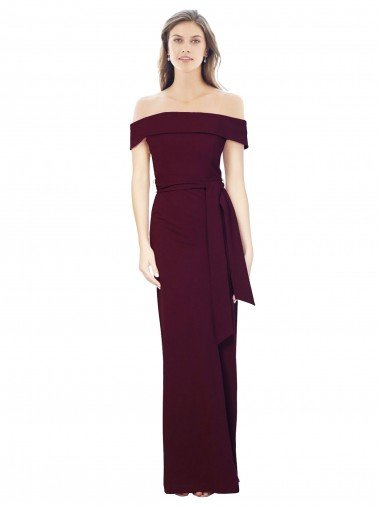 Affordable Off the Shoulder Long Formal Crepe Bridesmaid Dress / Prom Dress with Waist Tie UK