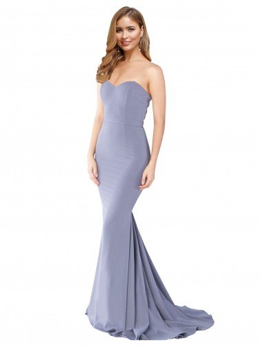 Affordable Long Strapless Sweetheart Sweep Train Formal Crepe Bridesmaid Dress / Prom Dress with Low Back UK