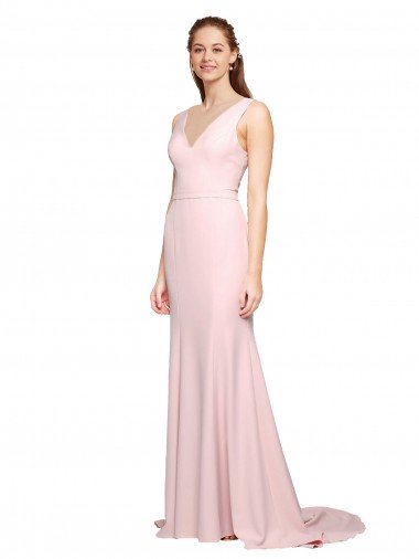 Affordable Deep V-Neckline and Back Long Sweep Train Crepe Bridesmaid Dress / Prom Dress with Shoulder Straps UK