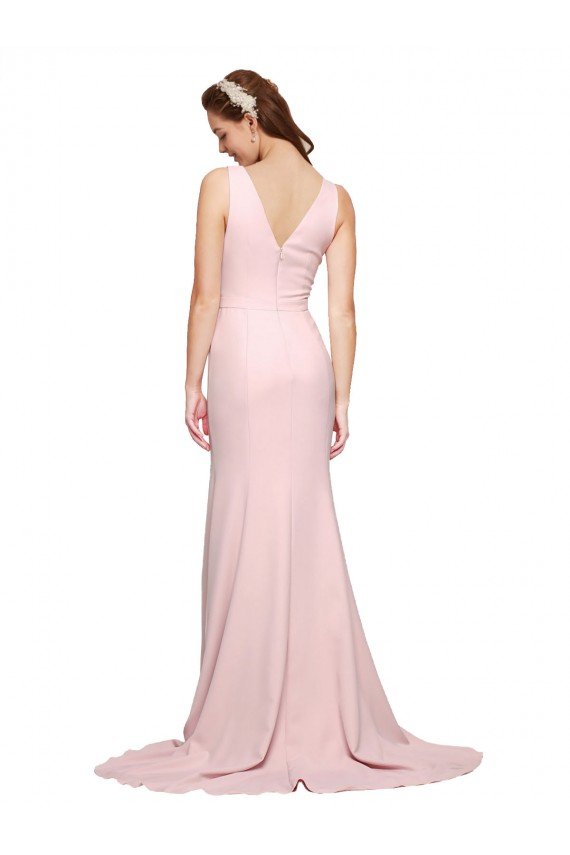 Affordable Deep V-Neckline and Back Long Sweep Train Crepe Bridesmaid Dress / Prom Dress with Shoulder Straps UK