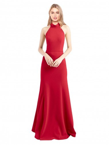 Affordable Sleek Fit and Flare High Neck Halter Stretch Formal Crepe Bridesmaid Dress / Prom Dress with Open Back UK