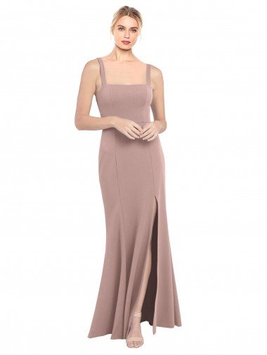Affordable Square Neck Fit and Flare Long Stretch Crepe Bridesmaid Dress / Prom Dress with Side Slit UK