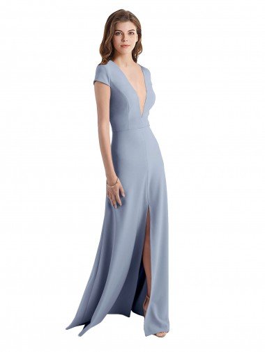 Affordable Plunging V-Neck Cap Sleeves Stretch Crepe Bridesmaid Dress / Prom Dress with Front Slit UK