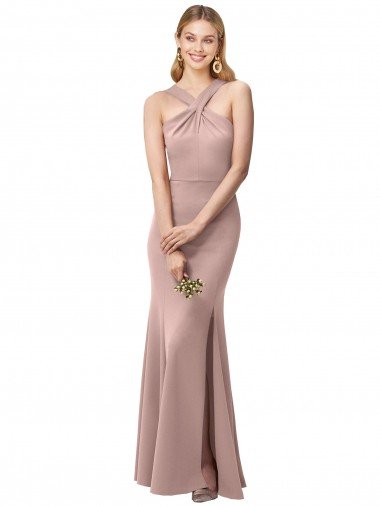 Affordable Long Floor Length High Neck Fit and Flare Stretch Crepe Bridesmaid Dress / Prom Dress with Side Slit UK