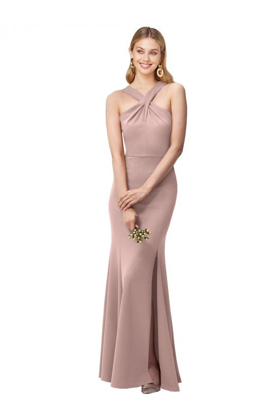 Affordable Long Floor Length High Neck Fit and Flare Stretch Crepe Bridesmaid Dress / Prom Dress with Side Slit UK