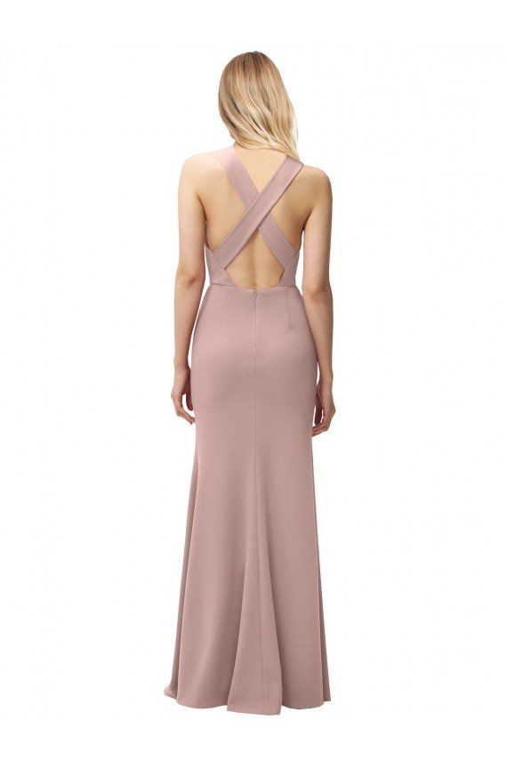 Affordable Long Floor Length High Neck Fit and Flare Stretch Crepe Bridesmaid Dress / Prom Dress with Side Slit UK