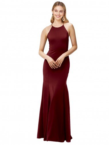 Affordable Fit and Flare Halter Neckline Stretch Formal Crepe Bridesmaid Dress / Prom Dress with Strappy Back UK