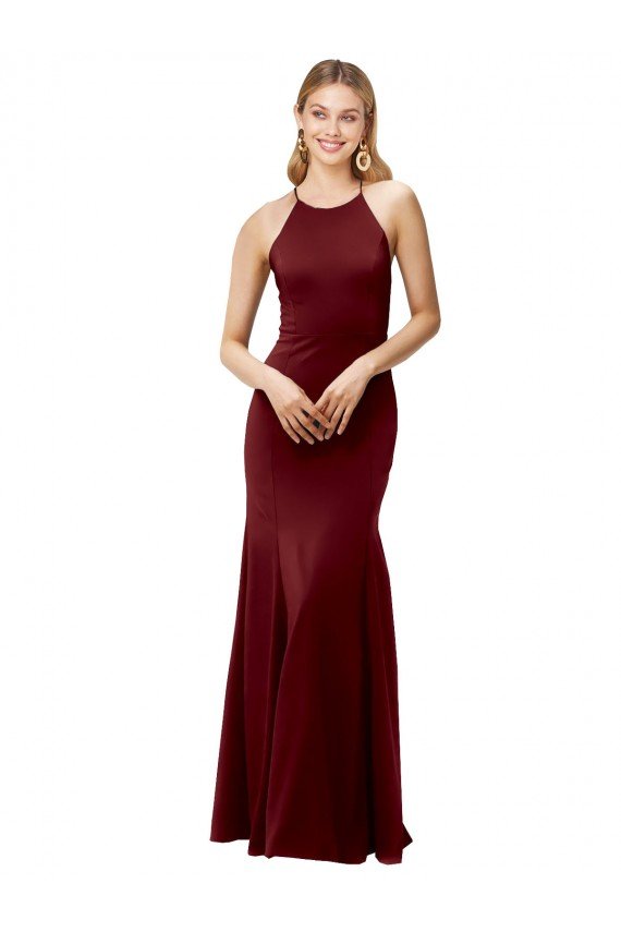 Affordable Fit and Flare Halter Neckline Stretch Formal Crepe Bridesmaid Dress / Prom Dress with Strappy Back UK