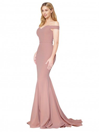 Affordable Off the Shoulder Sweetheart Long Sweep Train Formal Crepe Bridesmaid Dress / Prom Dress UK