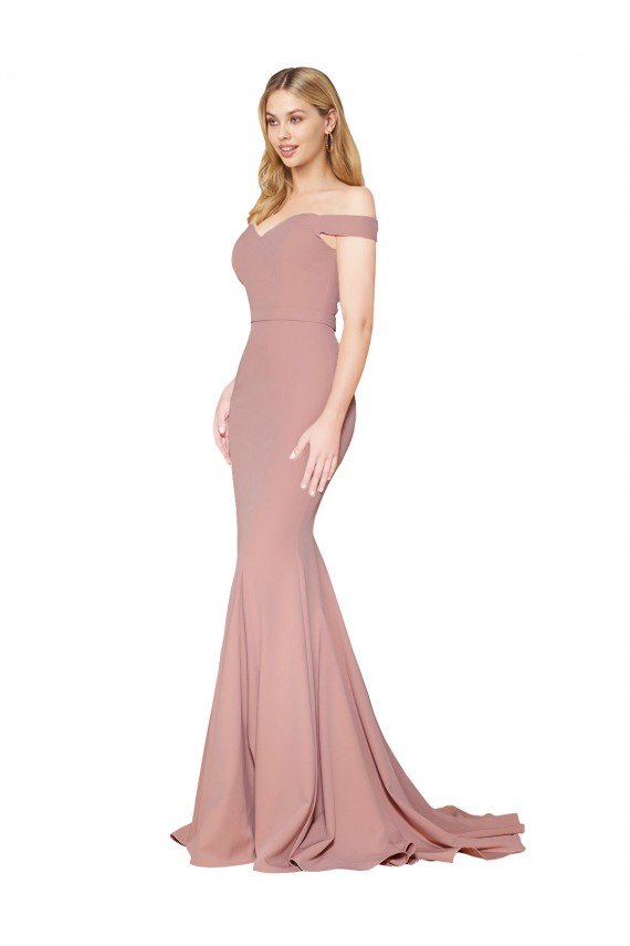 Affordable Off the Shoulder Sweetheart Long Sweep Train Formal Crepe Bridesmaid Dress / Prom Dress UK