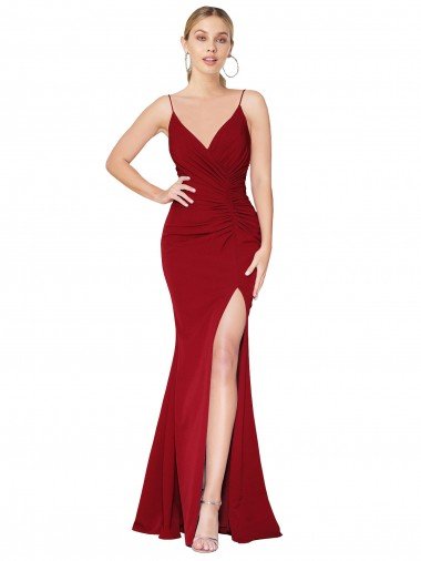 Affordable Spaghetti Straps V-Neck Long Formal Crepe Dress with High Slit UK