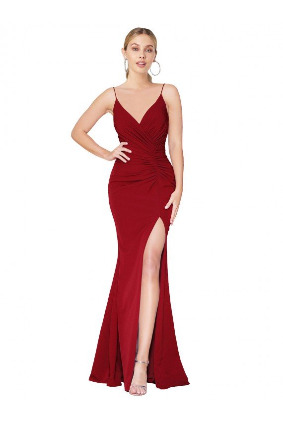 Affordable Spaghetti Straps V-Neck Long Formal Crepe Dress with High Slit UK