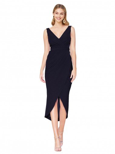 Affordable Knee Length V-Neck Formal Crepe Short Cocktail Wrap Bridesmaid Dress / Prom Dress UK