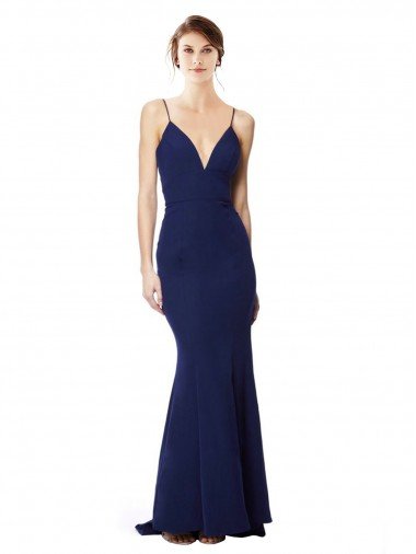 Affordable Deep V-Neck Spaghetti Straps Mermaid Formal Crepe Bridesmaid Dress / Prom Dress UK