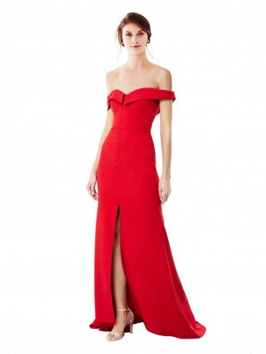 Affordable Off the Shoulder Chapel Train Formal Crepe Bridesmaid Dress / Prom Dress with Thigh-High slit UK