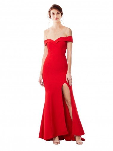 Affordable Off the Shoulder Sweetheart Maxi Formal Crepe Bridesmaid Dress / Prom Dress With Thigh Split and Train UK