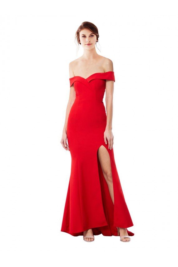 Affordable Off the Shoulder Sweetheart Maxi Formal Crepe Bridesmaid Dress / Prom Dress With Thigh Split and Train UK