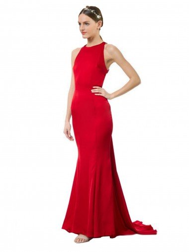 Affordable High Neck Mermaid Open Back Formal Crepe Maxi Bridesmaid Dress / Prom Dress with Train Detail UK