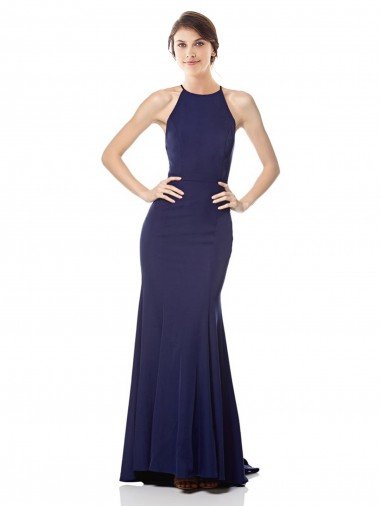 Affordable High Neck Fishtail Formal Crepe Bridesmaid Dress / Prom Dress with Open Back Detail UK