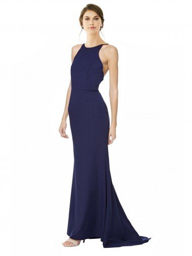 Affordable Fishtail High Neck Maxi Formal Crepe Bridesmiad Dress with Strappy Back Detail UK