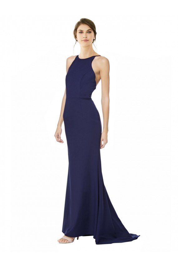 Affordable Fishtail High Neck Maxi Formal Crepe Bridesmiad Dress with Strappy Back Detail UK