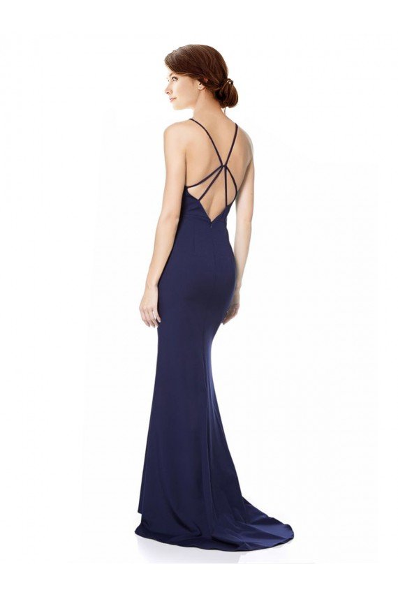 Affordable Fishtail High Neck Maxi Formal Crepe Bridesmiad Dress with Strappy Back Detail UK