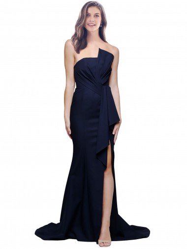 Affordable Long Strapless Sweep Train Low Back Crepe Bridesmaid Dress / Prom Dress UK